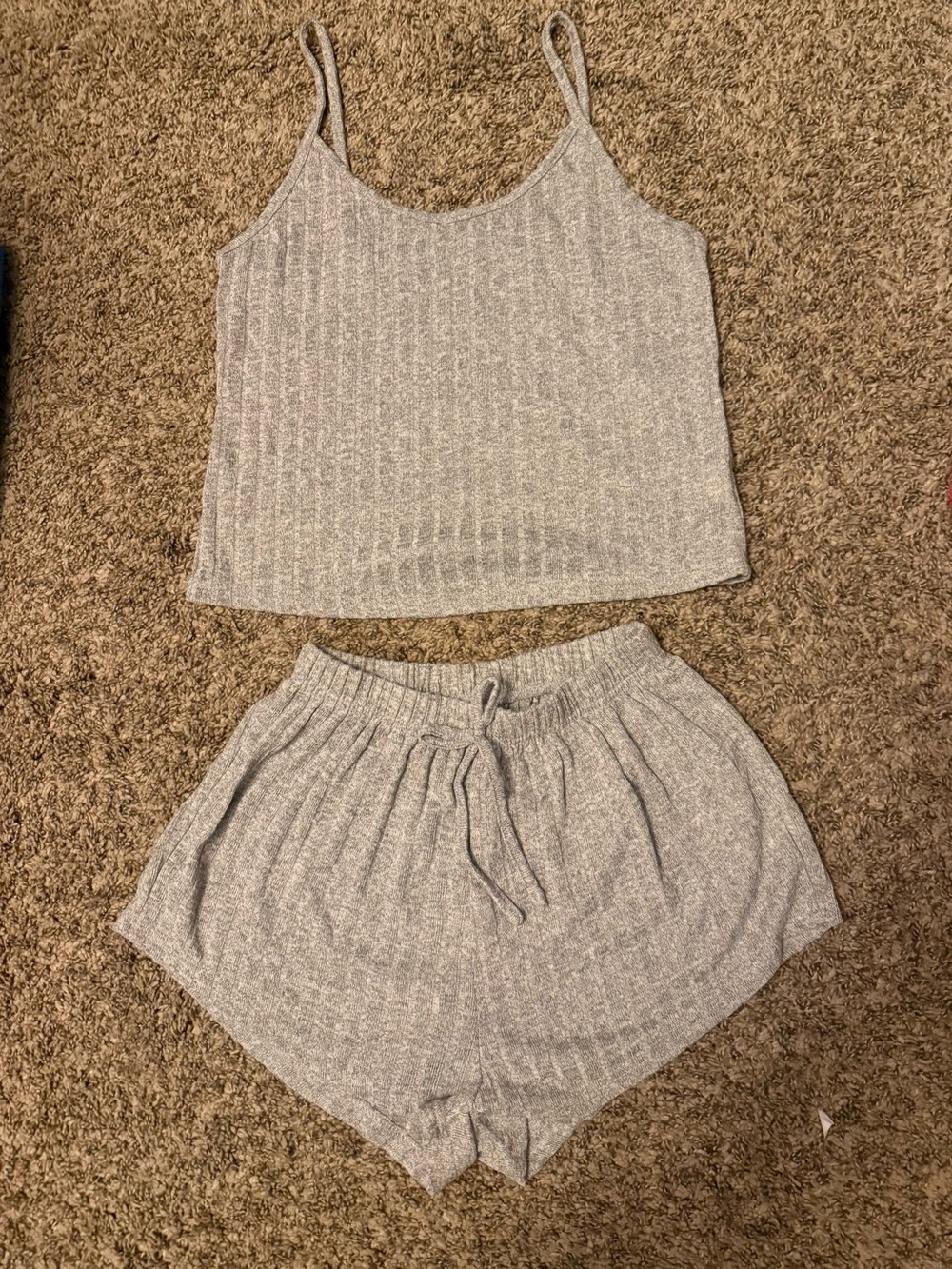 Heather Gray Ribbed Cami & Drawstring Shorts Sleep Set